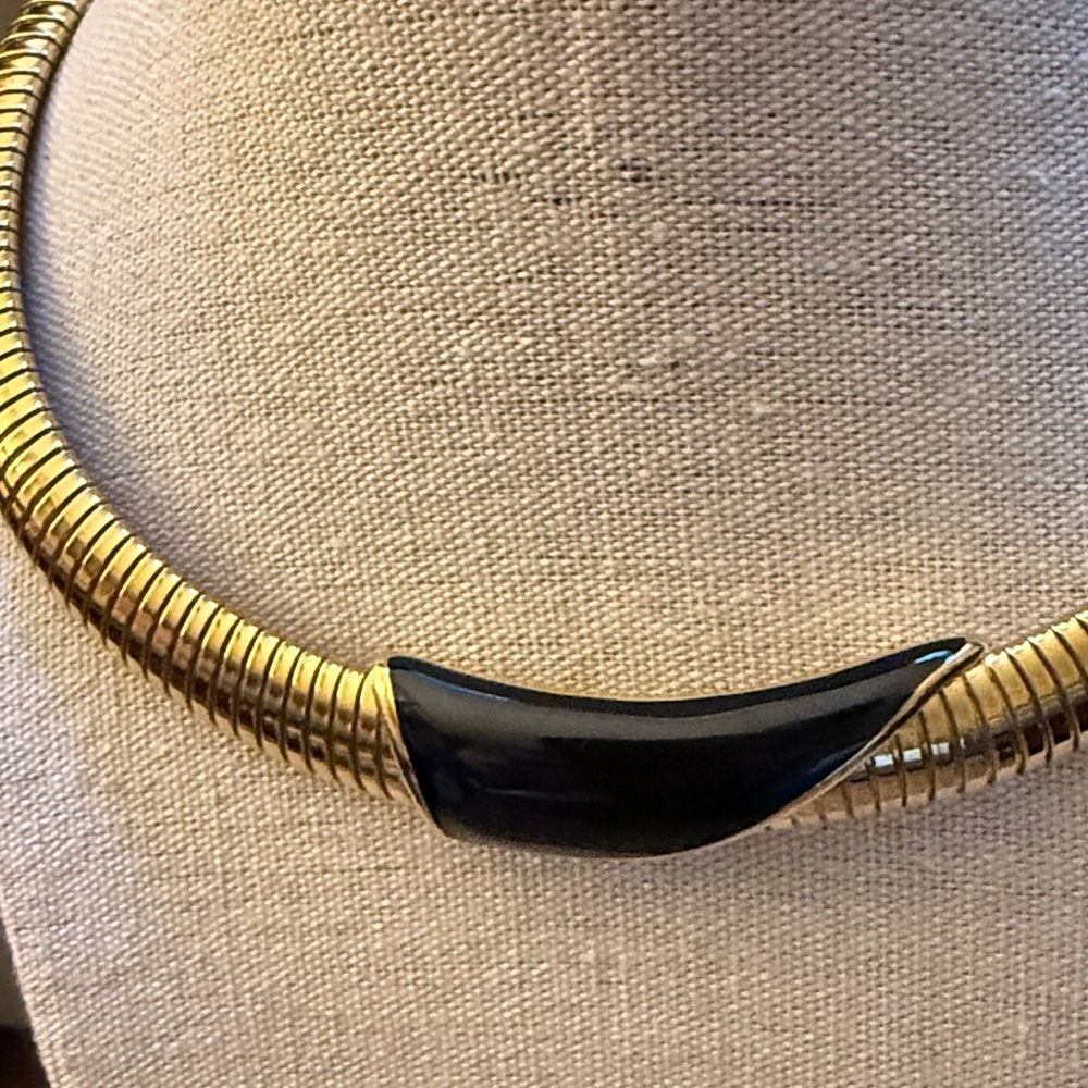 Monet Gold Plated Omega Chocker Necklace with Black Enamel Accent. Circa 1980’s. - Picture 2 of 7
